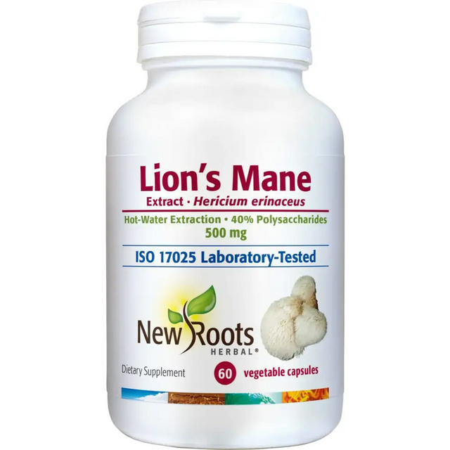 White plastic bottle of new roots herbal lion’s mane extract dietary supplement with a white cap and label detailing 500 mg capsules.