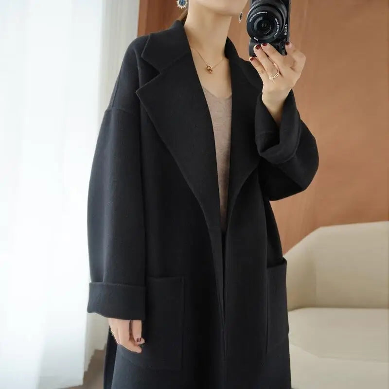 New Women's Double-Sided Cashmere Coat, Mid-Length