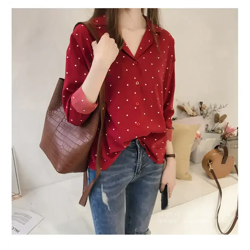 New Women's Polka Dot Chiffon Long Sleeve Shirt