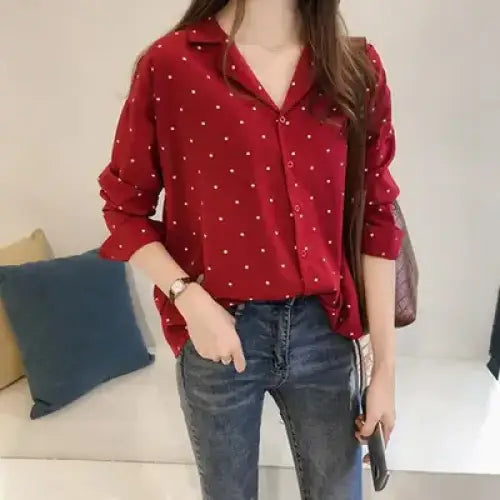 New Women's Polka Dot Chiffon Long Sleeve Shirt