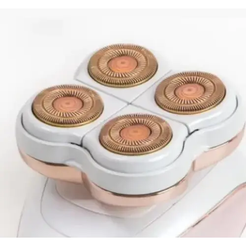 A sleek, modern electric razor with four rose gold circular heads set into a white and rose gold body.