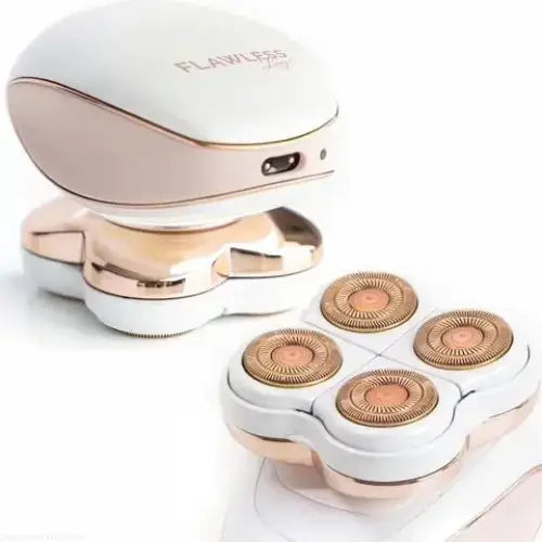 White and rose gold flawless beauty electric razor with four interchangeable heads.