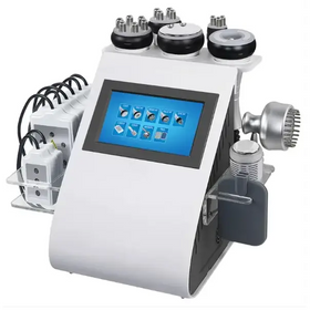 White and black multi-functional body contouring machine with various treatment heads.