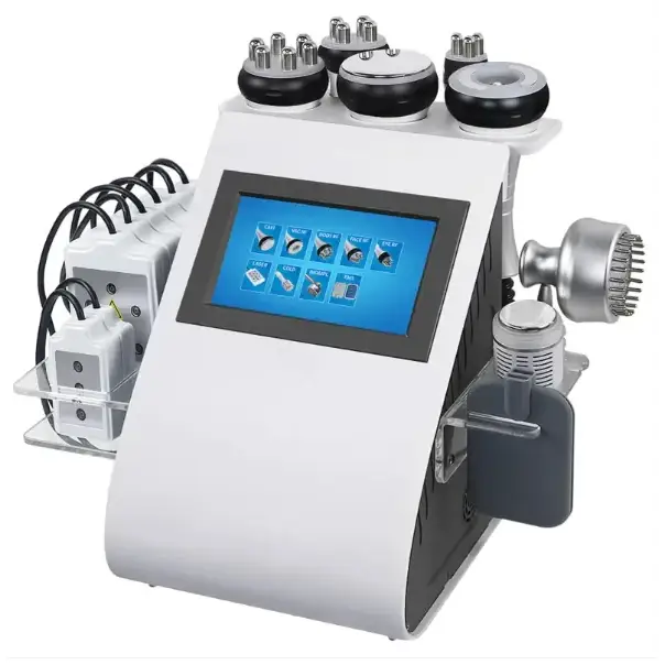 White and black multi-functional body contouring machine with various treatment heads.