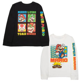 Nintendo Kids Super Mario Bros Mario & Luigi Boys Long Sleeve 2-Pack T-Shirt Bundle Set for Boys (Size 7 Black/White)