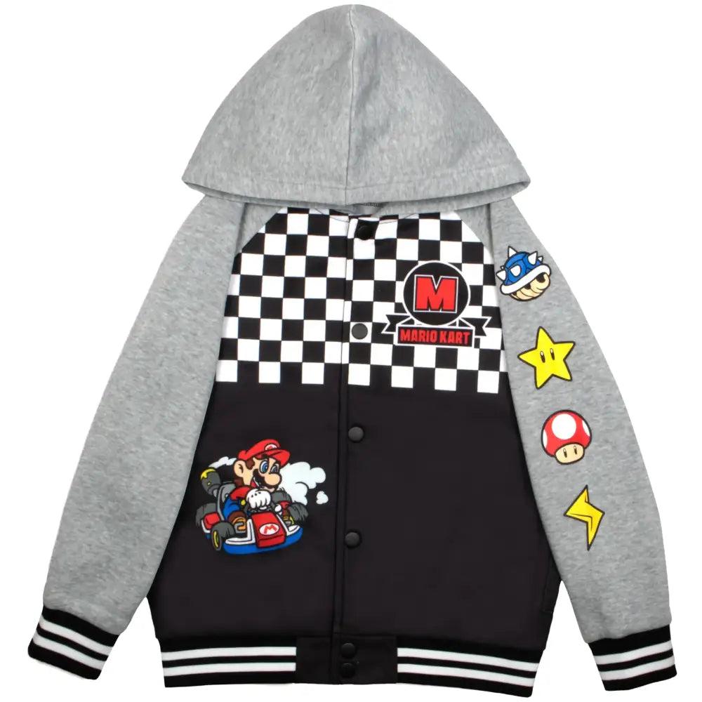 Nintendo Super Mario Graphic Boys Hooded Fleece Varsity Jacket for Kids and Toddlers (Size 10/12 Grey)