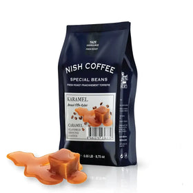 Dark blue bag of nish coffee special beans, caramel flavored ground coffee.