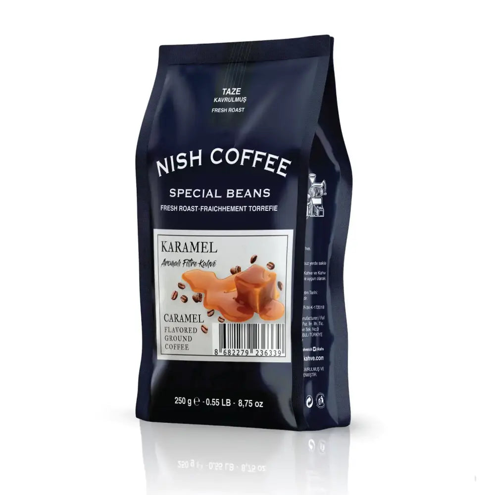 Dark blue bag of nish coffee special beans, caramel flavored ground coffee.