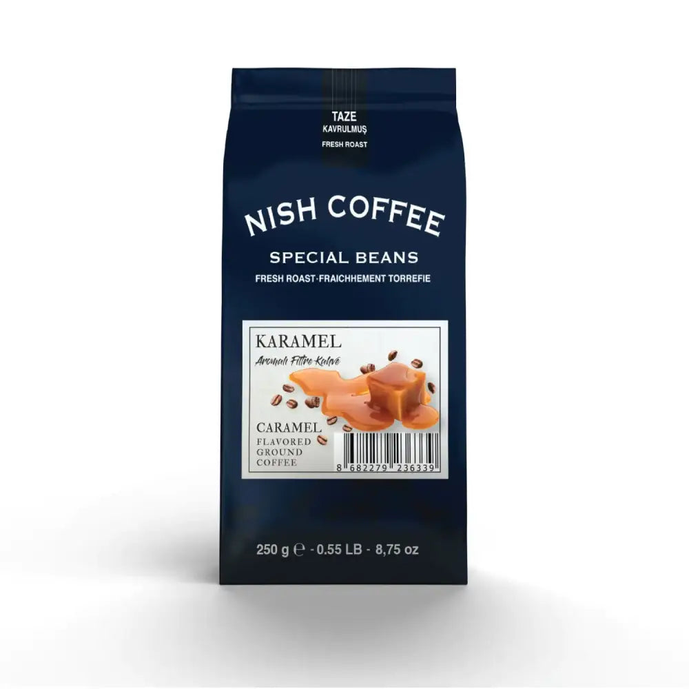 Nish coffee special beans caramel flavored ground coffee in a dark blue bag.