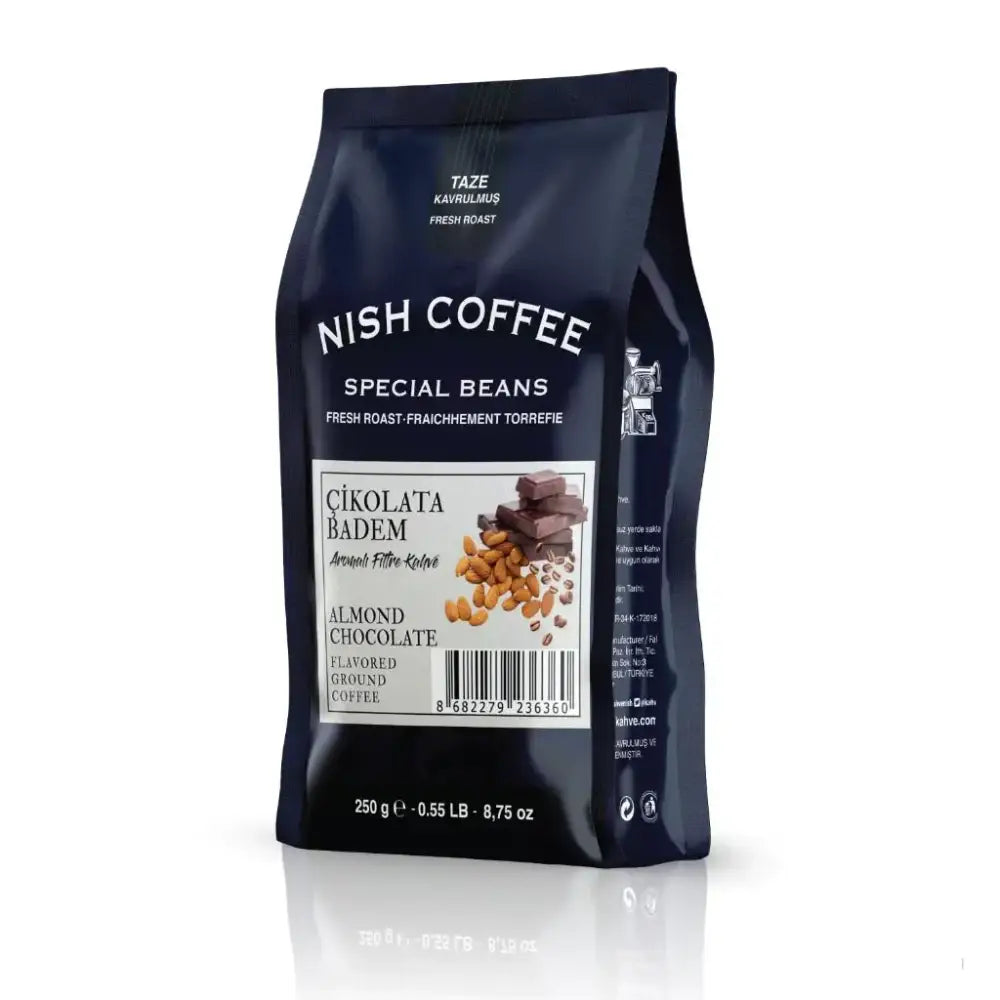 A dark blue, glossy bag of nish coffee’s almond chocolate flavored ground coffee.