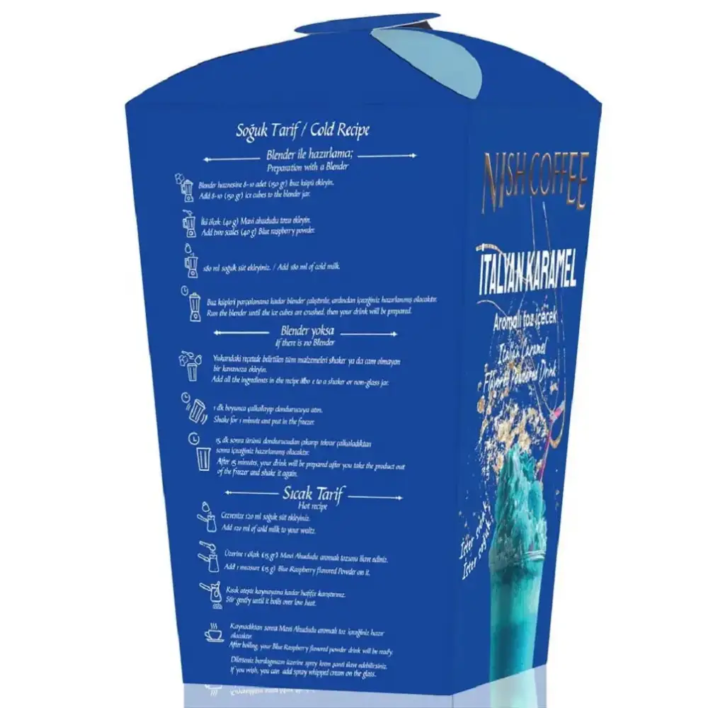 Blue cardboard box for nish coffee italian karamel flavored drink, featuring a vibrant illustration of the beverage in a glass.