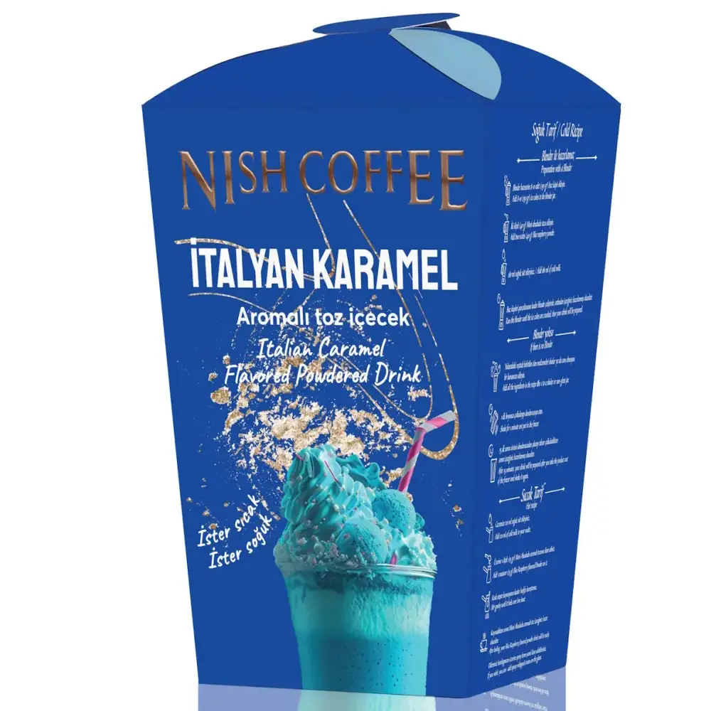Nish coffee italian caramel flavored powdered drink in a vibrant blue box with gold accents and an image of a teal-colored beverage topped with whipped cream.