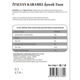 The back label of a 250g package of italian caramel sweetener, featuring nutritional information and manufacturer details in turkish.