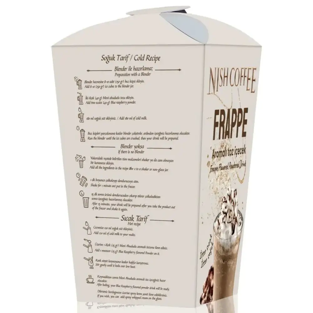 Nish coffee frappe, a white and brown cardboard box featuring instructions for both cold and hot recipes.