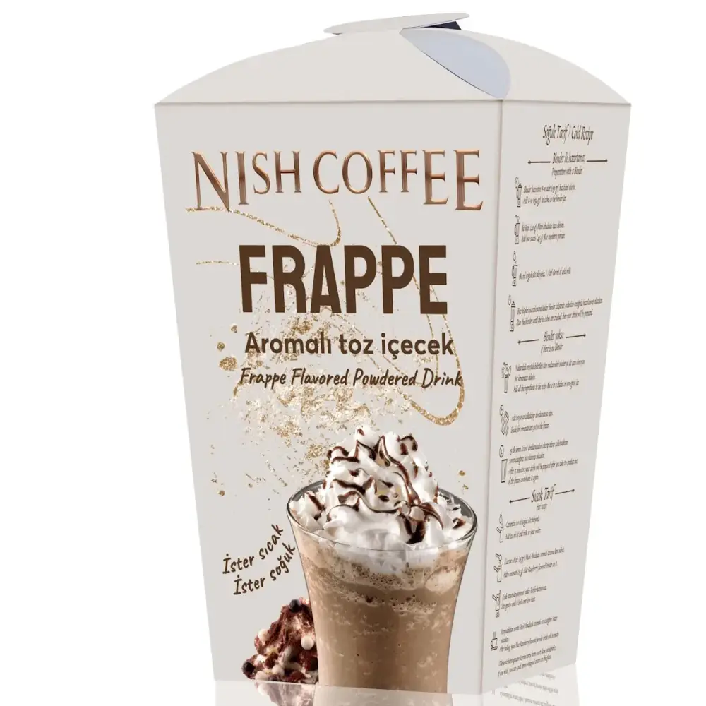 Nish coffee frappe flavored powdered drink in a white cardboard box with gold accents and an image of the prepared beverage.