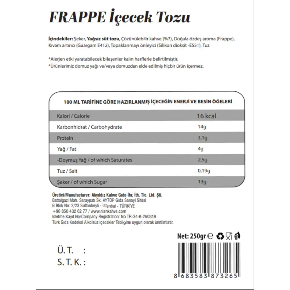 The back label of a frappe iced tea powder package, featuring nutritional information and manufacturer details in turkish.
