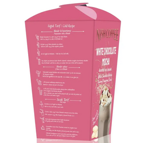 Pink cardboard box for nish coffee white chocolate mocha flavored powdered drink.