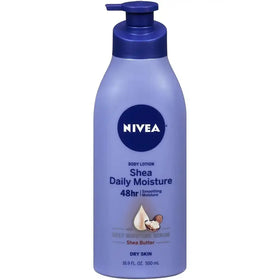 A lavender-colored nivea body lotion bottle with a blue pump dispenser, labeled ’shea daily moisture’ for dry skin.