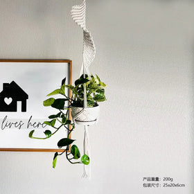 White macrame plant hanger with a woven, textured design holding a green leafy vine in a white ceramic pot.