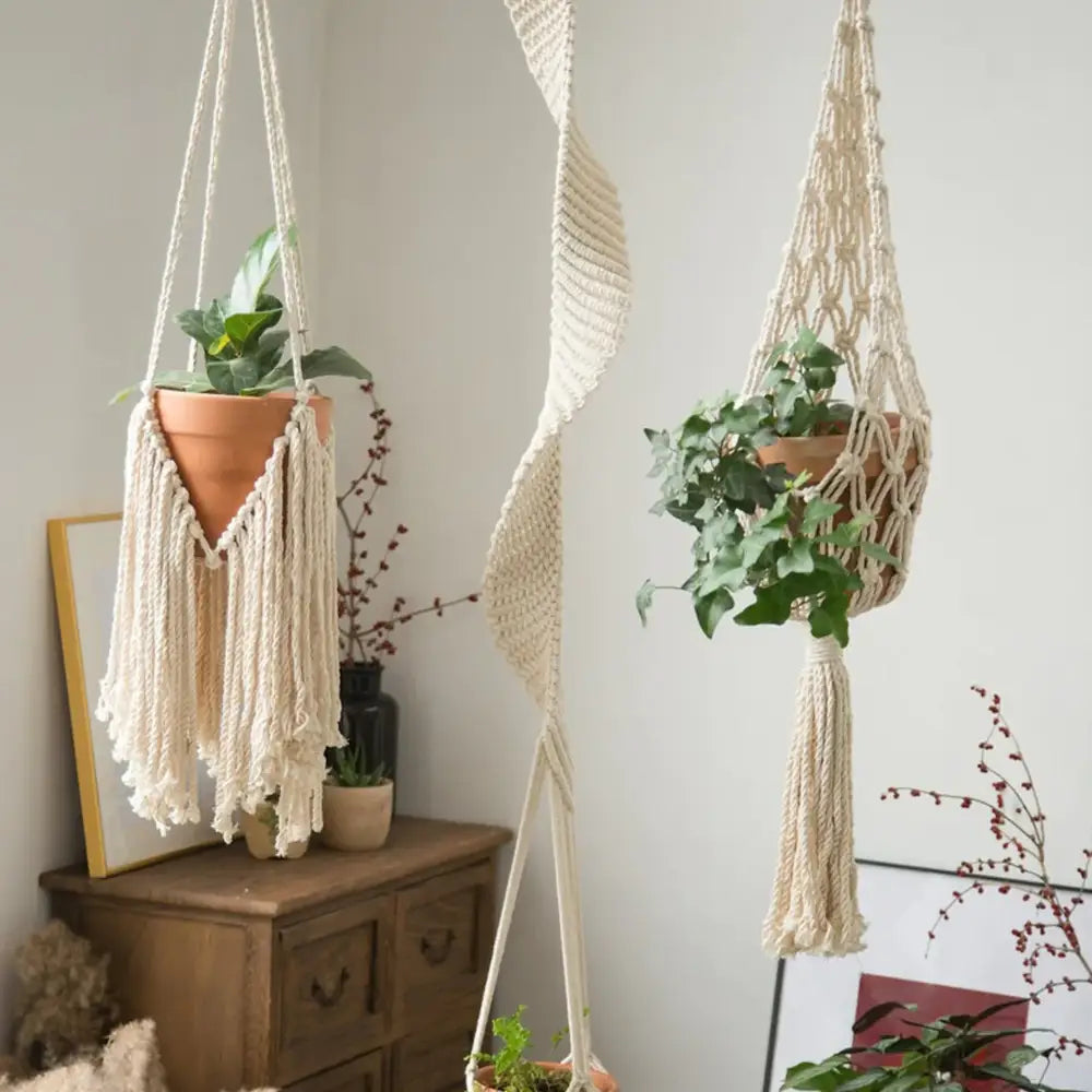 Cream-colored macrame plant hangers with fringed tassels and woven patterns.