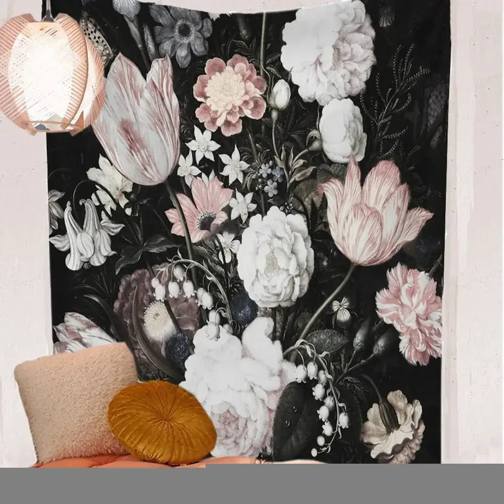 Elegant black floral tapestry featuring delicate pink, white, and soft gray blossoms with intricate botanical details.
