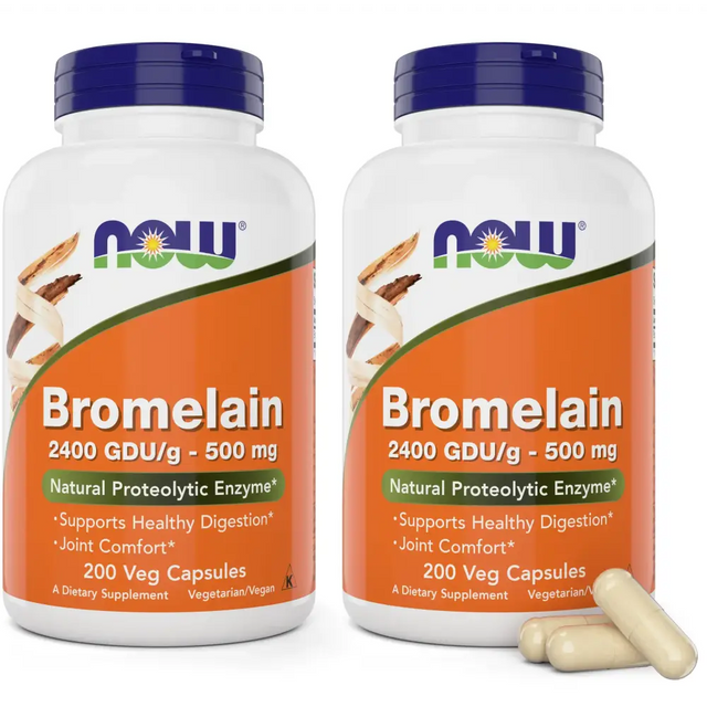 Two white plastic bottles of now foods bromelain dietary supplement, each with a blue cap and orange label featuring the brand logo.