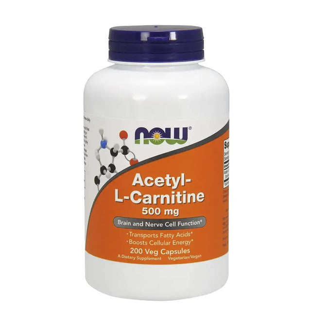 White plastic bottle with a purple cap and an orange label featuring the now brand name, displaying acetyl-l-carnitine 500 mg dietary supplement.