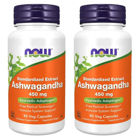 Two white plastic bottles with purple caps, each labeled ’now ashwagandha 450 mg’ on an orange and green label.