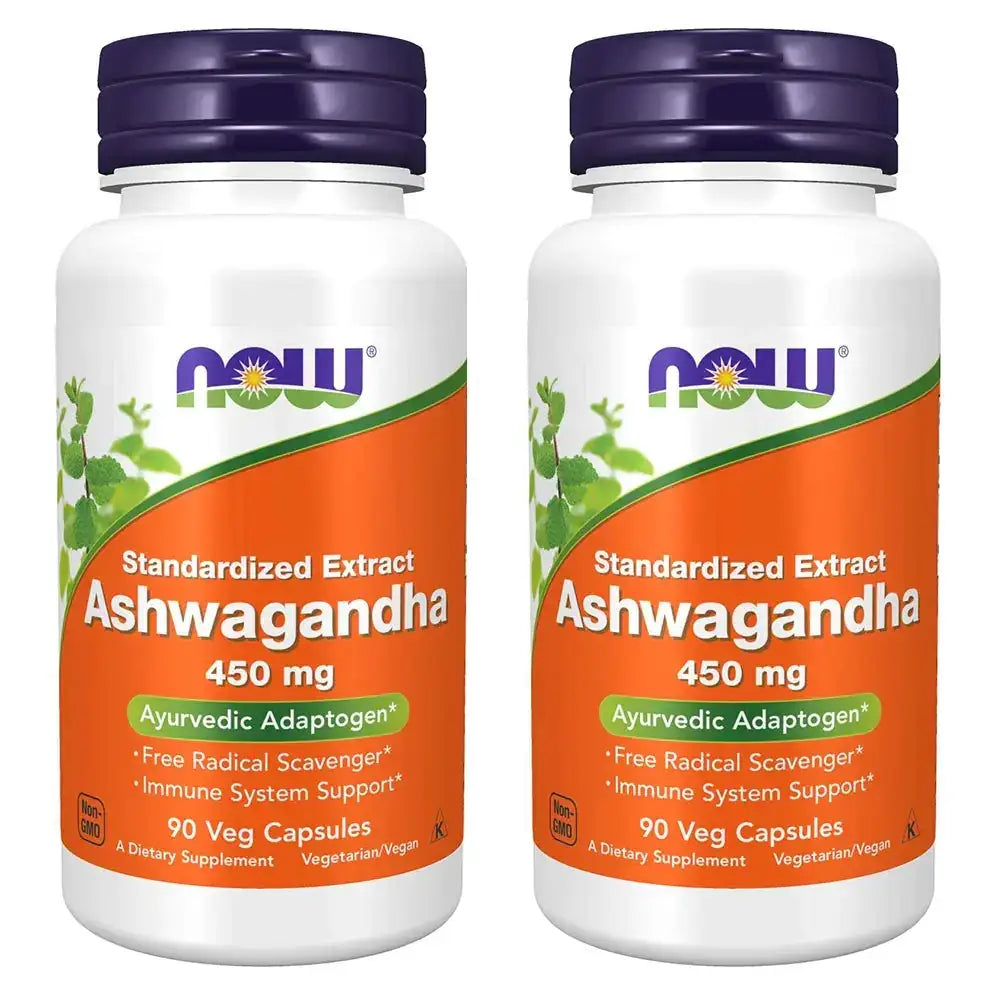 Two white plastic bottles with purple caps, each labeled ’now ashwagandha 450 mg’ on an orange and green label.