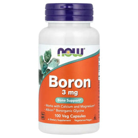 A white plastic bottle with a purple cap and an orange label featuring the now brand name, labeled ’boron 3 mg’ for bone support.