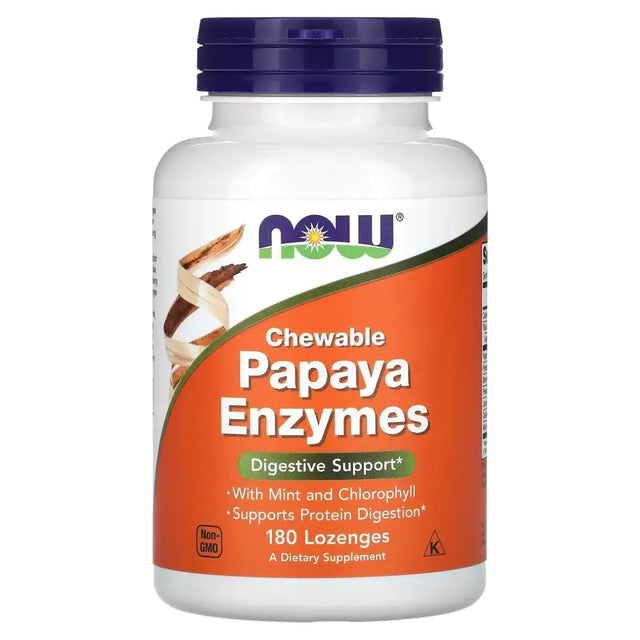White plastic bottle with a purple cap and an orange label featuring the now brand logo, labeled ’chewable papaya enzymes’ for digestive support.