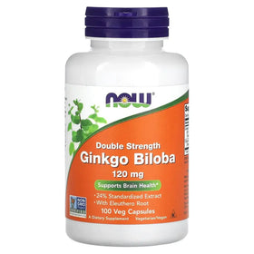White plastic bottle with a purple cap and an orange label featuring the now brand, labeled ’double strength ginkgo biloba 120 mg’ for brain health support.