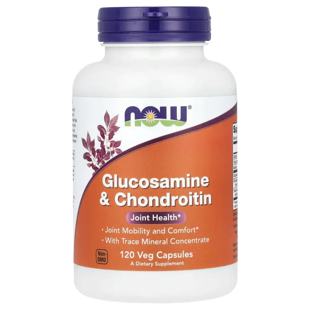 White plastic bottle with a purple cap and an orange label featuring the now brand name, displaying ’glucosamine & chondroitin’ as its contents.
