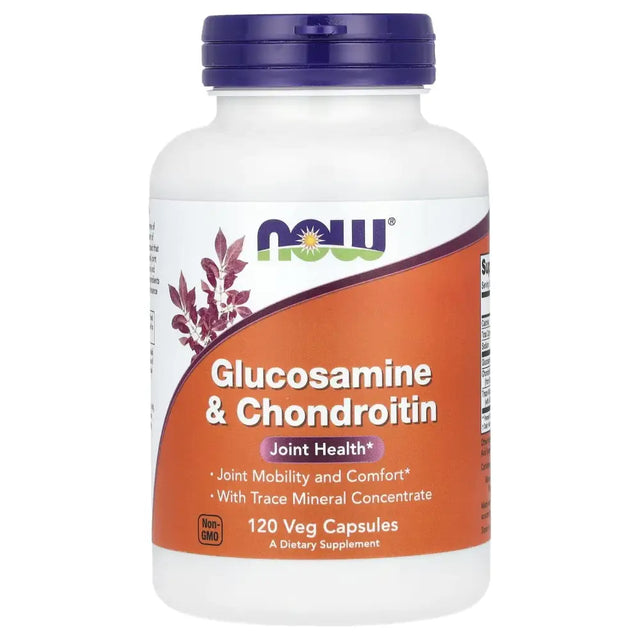 White plastic bottle with a purple cap and an orange label featuring the now brand name, displaying ’glucosamine & chondroitin’ as its contents.