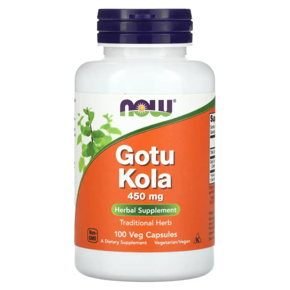 White plastic bottle with a purple cap and an orange label featuring the now brand name, displaying ’gotu kola 450 mg herbal supplement’ for 100 veg capsules.