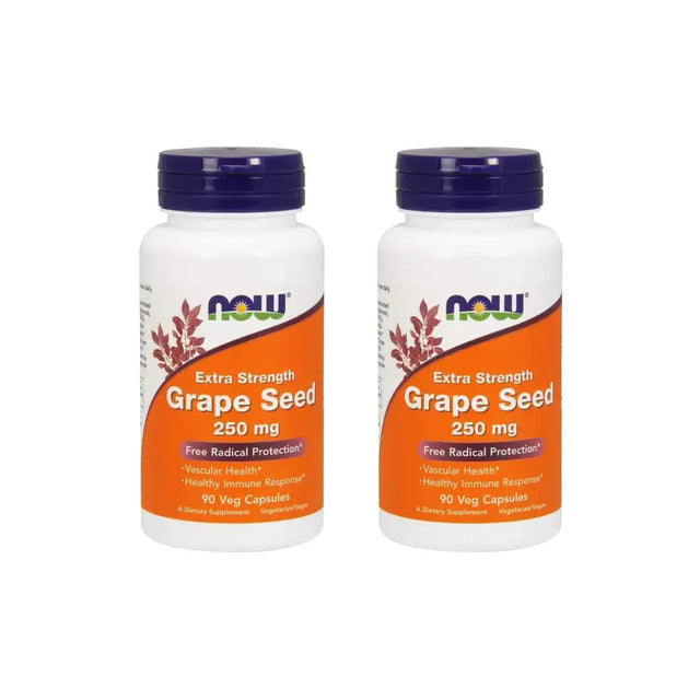 Two white plastic bottles with orange labels and dark purple caps, each labeled ’now extra strength grape seed 250 mg’ for dietary supplement use.