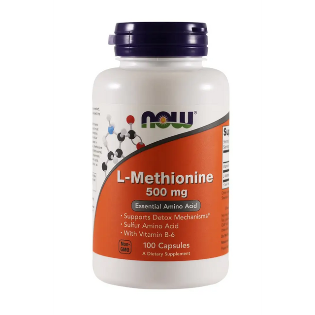 White plastic bottle with a purple cap and an orange label featuring the now brand name, labeled ’l-methionine 500 mg’ as an essential amino acid dietary supplement containing 100 capsules.