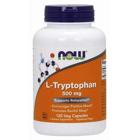 White plastic bottle with a dark blue cap and an orange label featuring the now brand logo, displaying ’l-tryptophan 500 mg’ for dietary supplement use.