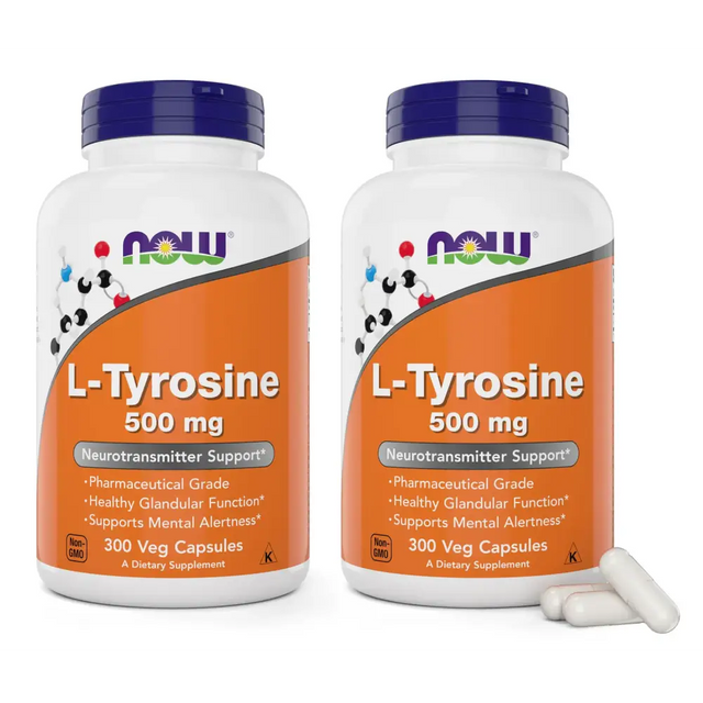 Two white plastic bottles of now foods l-tyrosine 500 mg dietary supplement, each with a blue cap and orange label featuring the brand logo.