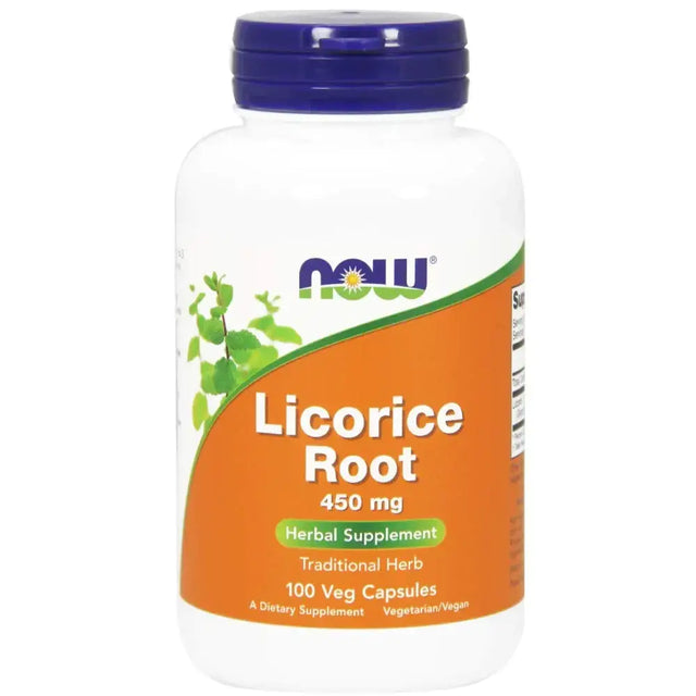 White plastic bottle with a blue cap and an orange label featuring the ’now’ brand name, displaying licorice root herbal supplement capsules.