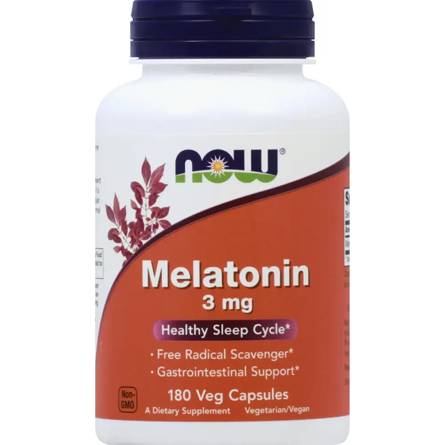 White plastic bottle with a dark blue cap and an orange label featuring the now brand logo, displaying ’melatonin 3 mg’ for healthy sleep cycle support.