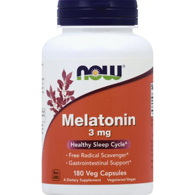 White plastic bottle with a dark blue cap and an orange label featuring the now brand logo, displaying ’melatonin 3 mg’ for healthy sleep cycle support.