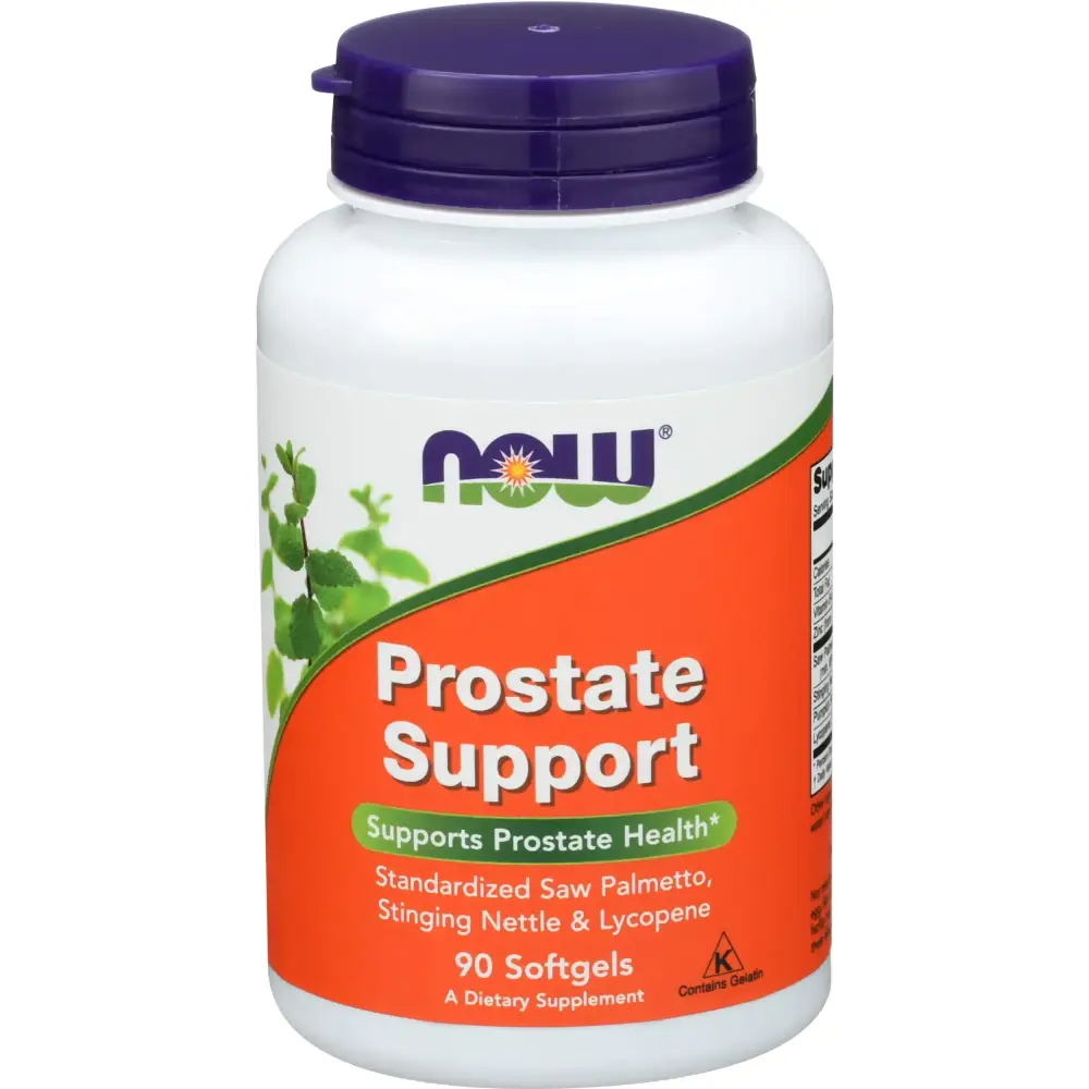 White plastic bottle with a purple cap and an orange label featuring the ’now’ brand name, labeled as ’prostate support,’ containing 90 softgels.
