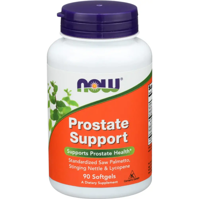 White plastic bottle with a purple cap and an orange label featuring the ’now’ brand name, labeled as ’prostate support,’ containing 90 softgels.