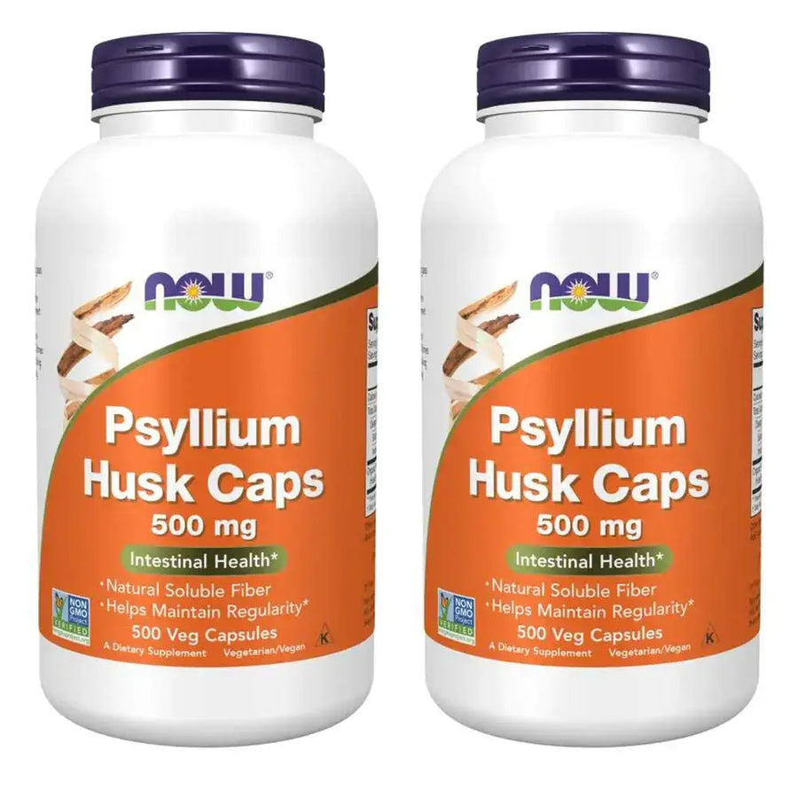 Two white plastic bottles with purple caps, each labeled ’now psyllium husk caps 500 mg’ on an orange and green label.