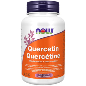 White plastic bottle with a purple cap and an orange label featuring the now brand logo, displaying ’quercetin’ in bold white text.
