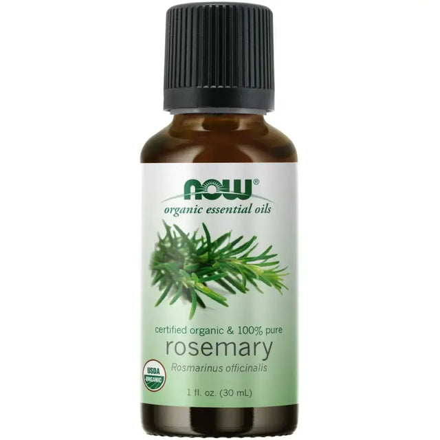A brown glass bottle with a black ribbed cap and a white label featuring green text, an image of rosemary sprigs, and the ’now’ brand logo.