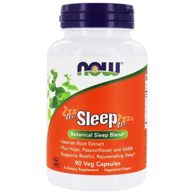 A white plastic bottle with a purple cap and an orange label featuring the now brand logo, labeled ’sleep botanical sleep blend’ containing 90 veg capsules.