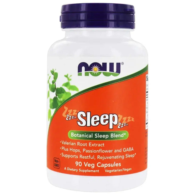 A white plastic bottle with a purple cap and an orange label featuring the now brand logo, labeled ’sleep botanical sleep blend’ containing 90 veg capsules.