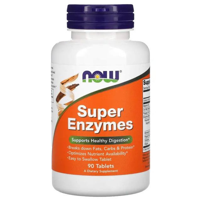 White plastic bottle with a purple cap and an orange label featuring the ’now’ brand name, labeled as ’super enzymes,’ containing 90 tablets.